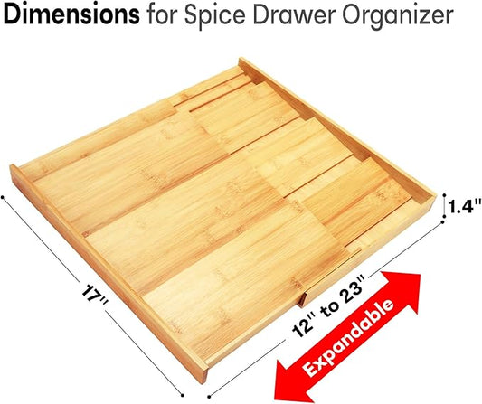 Thalomely Bamboo Spice Drawer Organizer, (Need 3.1” Deep Drawer) Expandable 4 Tier Spice Rack for Cabinet (From 12" to 23" Wide), Seasoning Storage Insert, Spice Organizer for Drawer,Jars Not Included