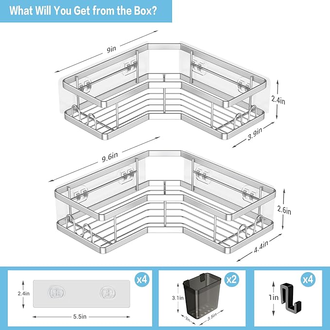 AKTECKE Corner Shower Caddy Shelf Rack: 2 Pack Adhesive Shower Organizer Essentials - No Drilling Stainless Steel Shower Storage Rack with Hooks and Toothpaste Holder - Bathroom Accessories