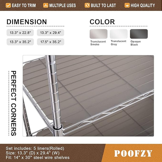 Poofzy Wire Shelf Liner 14 x 36, Set of 5 Shelf Liners for Wire Shelving Plastic Non-Adhesive for Pantry, Kitchen Cabinets (Gray)