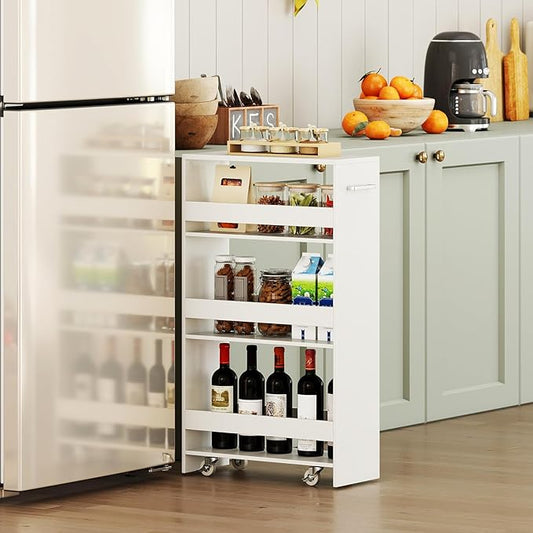 Small Kitchen Cart, 4-Tier Slim Rolling Island w/Handle, Laundry Room Storage Organizers Between Washer and Dryer, Narrow Spice Rack on Wheels Next to Fridge (White, 8'')