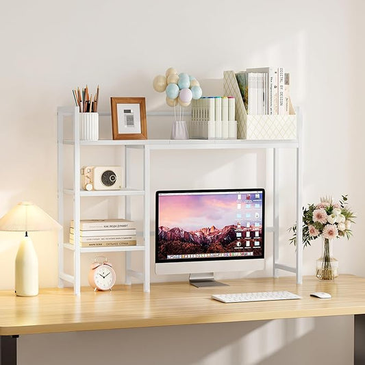 Snughome Desk Shelf, 38.6" Desktop Organizer Shelf, Desk Hutch for Computer Monitor, 4 Tier Desk Display Rack, Wood Desktop Bookshelf Storage Rack for Home Office Dorm, White