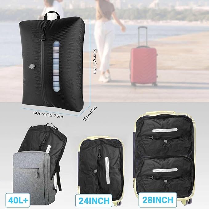 2026 Airless Vacuum Kit Travel with See-Through Window & 5KPa Pump Space Saver Vacuum Seal Bags for Clothing Travel IP67 Reusable Packing Organizers for Luggage, Backpack, Suitcase Black 1PC+No Pump