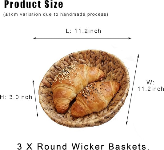 Set of 3 Round Wicker Baskets for Organizing, Water Hyacinth Storage Basket, Rattan Fruit Basket Handwoven Bread Basket for Serving Shelves Kitchen
