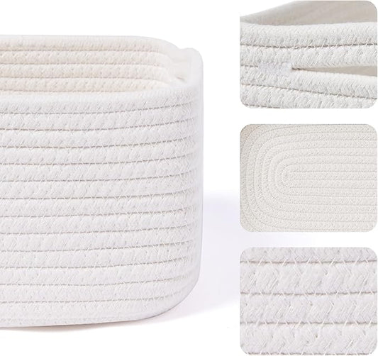 Small Storage Baskets for Organizing | Closet Organizer Bins | Shelf Toy Basket | Woven Rope Baskets | Cube Decorative Box | Shallow Basket | 13x8.5x5.1” | 3 Packs Off White