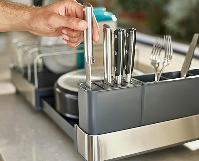 Joseph Joseph Extend Max Steel Expanding Dish Drying Rack, high Capacity for Large Items, Cutlery and Knife Holder, Swivel Draining Spout, Stainless Steel