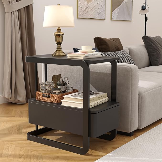 Narrow Side Table, End Table with Drawer& Storage Shelves, Modern Sofa Couch Table Curved Bedside Table for Living Room Bedroom, Narrow Nightstand with Thickening Iron Shelves for Small Space, Black