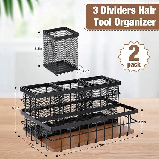 AceOrbit 2 Pcs Hair Tool Organizer Countertop Breathable Metal & Bamboo Hot Tools Organizer Under Sink Bathroom Hair Dryer Holder Countertop Brush Comb Holder,Makeup Tray (Koa Wood,Black)