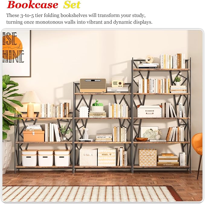 UDD No Assembly Wide Folding Bookshelf, 50.8" H x 30.9" W, 4 Tier Foldable Book Shelf Industrial Bookcase, Vintage Collapsible Storage Shelves for Home Office Living Room Bedroom, Rustic Brown Black