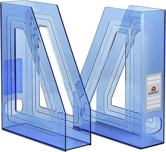 Acrimet Magazine File Holder – Vertical Rack for Documents, Folders and Mail, Durable Plastic Desk Organizer for Office & Home, Clear Blue (2 Pack)