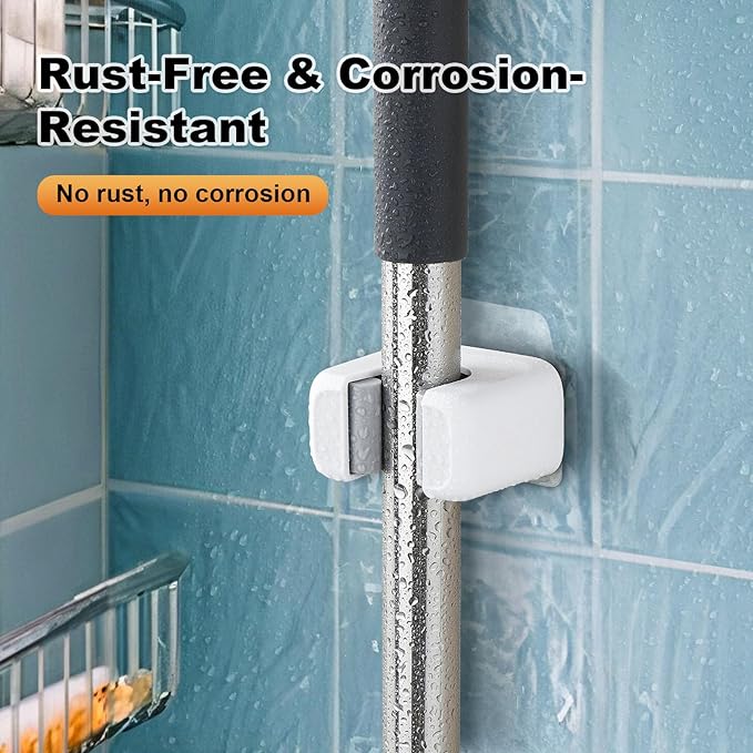 funest 6 Pack Mop and Broom Holder Wall Mount, No Drill Needed Self Adhesive, Non-Slip Mop Grippers for Tile Walls - Kitchen, Bathroom, Garage(White)