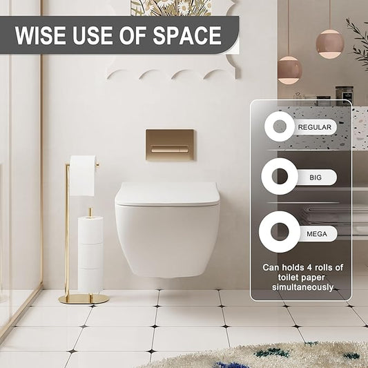 Gold Freestanding Toilet Paper Holder with Reserve for Bathroom with Weighted Base, Modern Tissue Roll Holder Stand