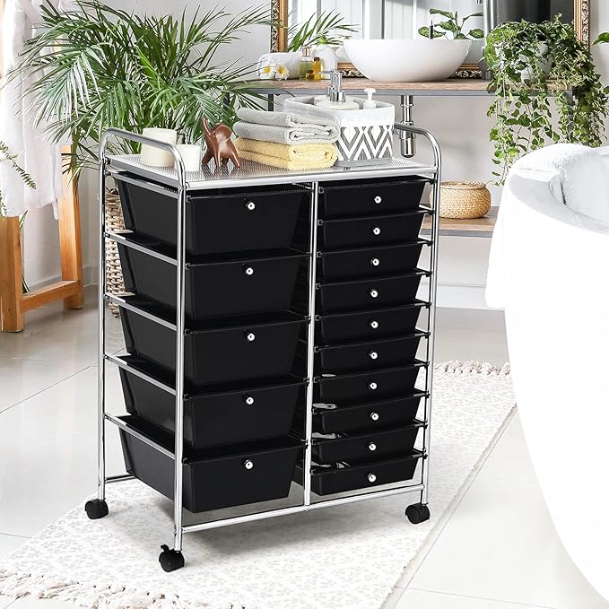 KOTEK 15-Drawer Rolling Storage Cart, Multipurpose Mobile Utility Cart with 4 Wheels, Home Office School Tools Scrapbook Paper Organizer (Black)