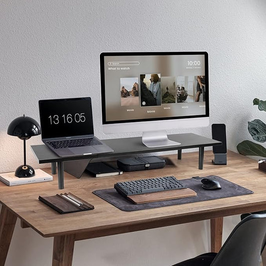 Dual-Monitor-Stand-Riser-For-Desk Adjustable Length 32-40 Inch,Large Desktop Computer Monitor Riser For 2 Screens,Desk Shelf Organizer Riser Stand For Computer/Laptop/PC/Printer/TV Black