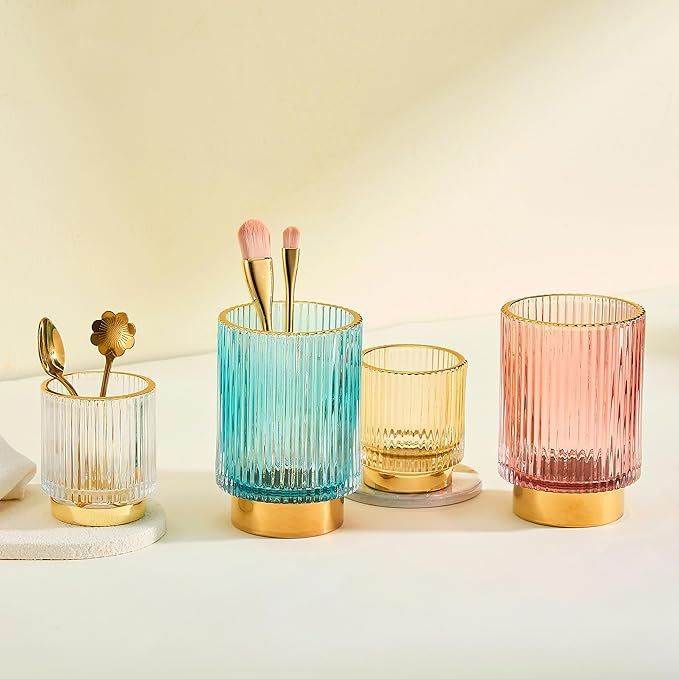 LEICURACE Makeup Brush Holder Organizer,Toothbrush Holders,Desk Pen Pencil Holder,Multifunctional Vintage Glass Brush Cup(S/White/A3-14-US)