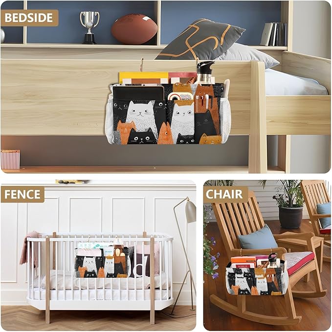 CuwrYet Bedside Caddy Hanging Bunk Bed Caddy Bed Organizer Hanging Pocket with 2 Hooks Bedside Storage Organizer Pocket Bag Holder Black and White Orange Cat