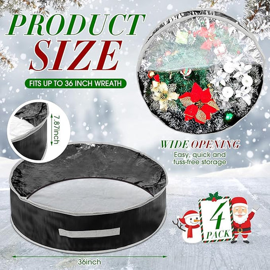 4 Pcs Christmas Wreath Storage Bag, Christmas Garland Storage Container with Clear Window, Zipper & Handle for Xmas Holiday Seasonal Wreath Garland Box(Black,36")