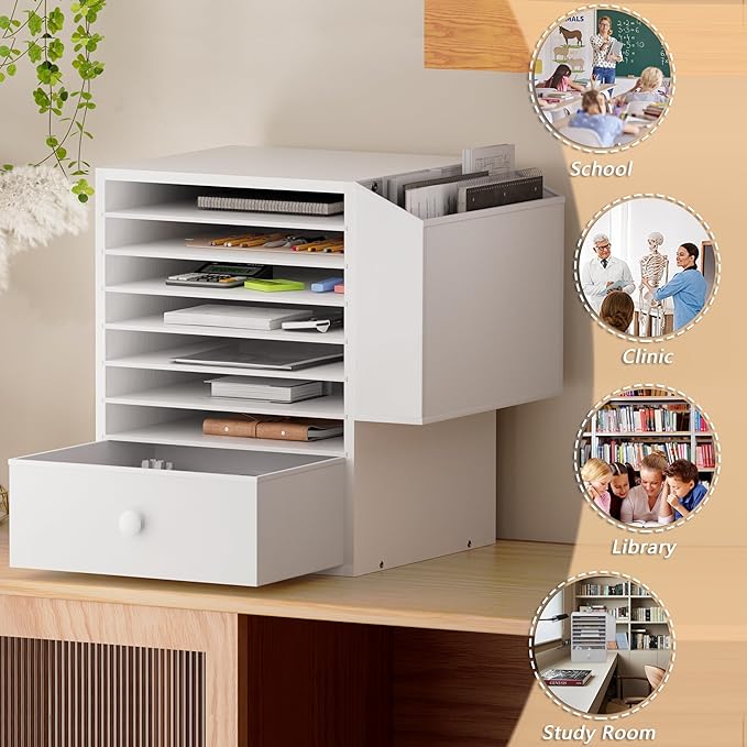 Wooden 12X12 Scrapbook Paper Organizer,7 Tier Adjustable Desktop File sorter with drawer,Craft&Stamp Cardstock Storage with Side Pocket&Name Slots for classroom,home offce,White