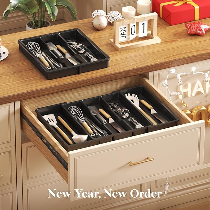 Lifewit Utensil Organizer for Kitchen Drawers, Expandable Cooking Utensil Tray, Adjustable Cutlery Silverware Flatware Holder, Plastic Spatula Tools and Gadgets Storage Divider, Black, 13"-22" x 15"