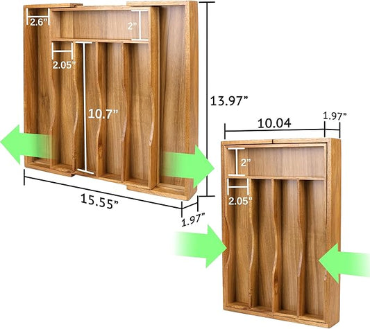 Expandable Acacia Kitchen Drawer Organizer for Cutlery and Utensils, Adjustable Acacia Wood Cutlery Tray in Drawer for Flatware and Silverware in Kitchen