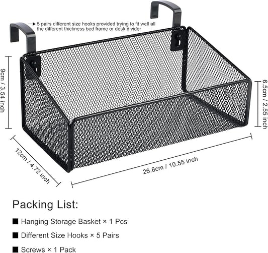MATIMASU Bedside Shelf for Bed & Bunk Bed Storage Basket Office Cubical Wall Hanging Organizer - 5 Different Size Hooks - College Dorm Home Office Essentials for Phone,Book,Drink,Tissue (Black)