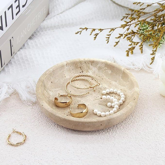 Plukers Small Natural Marble Jewelry Tray Key Plate Holder Dish Trinket Decor Catch All Bowl for Ring Earring Stone Gift for Women Daugther,Beige Travertine