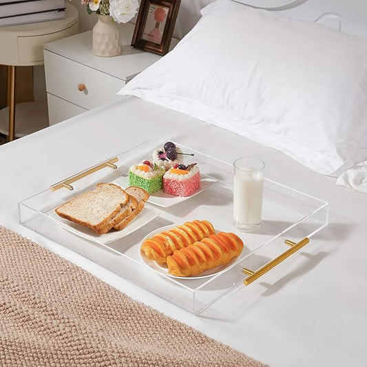 Large Clear Acrylic Serving Tray (16×18 Inches) with Gold Handles Spill Proof Acrylic Decorative Tray Organiser for Ottoman Coffee Table Countertop