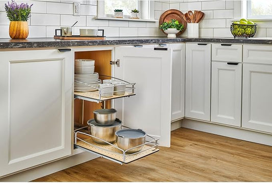 Rev-A-Shelf 2 Tier Pull Out Kitchen Cabinet Storage Organizer with Solid Bottom & Undermount Soft-Close Full Extension Slides, 54BK-15SC-2-1