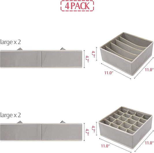 DIOMMELL Set of 4 Foldable Cloth Storage Box Closet Dresser Drawer Organizer Fabric Baskets Bins Containers Divider for Clothes Underwear Bras Socks Lingerie Clothing, Grey 22-0000