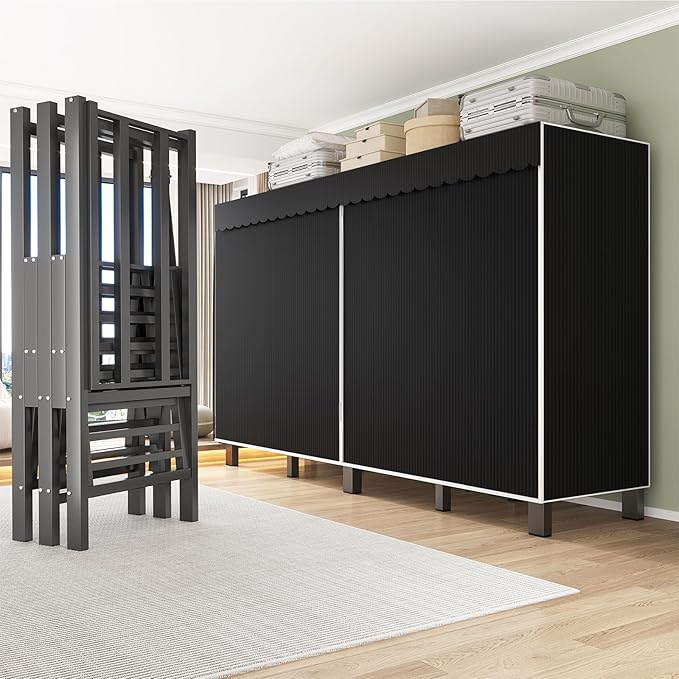 59in Heavy Duty Clothes Rack with Black Cover Foldable Covered Clothes Rack for Hanging Clothes portable Wardrobe Closet System Freestanding Coat Storage Garment Racks for bedroom (black, 59in)