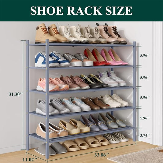 Smiry Long Bamboo Shoe Rack 5-Tier, Stackable Wooden Shoe Organizer for Entryway & Closet, Free Standing Wood Shoe Storage Shelf for Front Door & Small Spaces, Grey