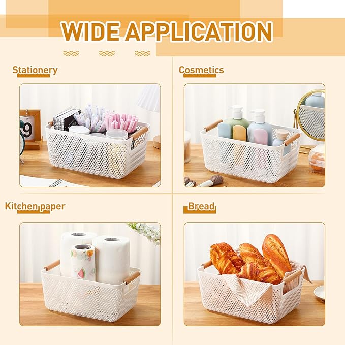 Tioncy 4 Pcs White Mesh Baskets with Wooden Handles Plastic Storage Organizer Baskets Pantry Basket Fruit Vegetables Gathering Basket Bin for Organizing Cabinet Closet Bedroom Kitchen(Small)