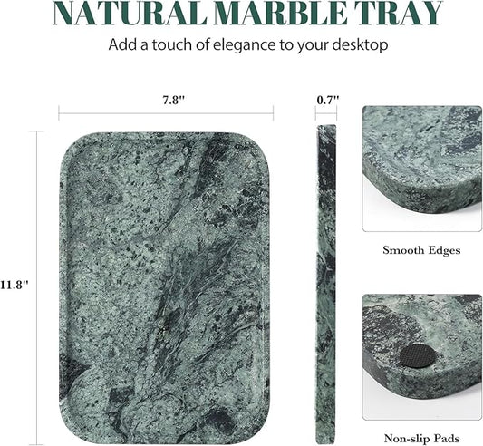 Koville Marble Tray, 12"x8" Marble Vanity Tray for Countertop Bathroom Kitchen Dresser, Decorative Catchall Trays for Perfume Jewelry, Rectangular Stone Serving Tray(Green)