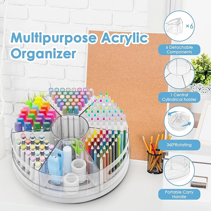 Rotating Desk Organizer, 360° Acrylic Pen Organizer for Desk with 7 Removable Compartments, Extra-Large Pen Holder for Office Supplies, Markers, and Art Supplies, Clear Pencil Holder