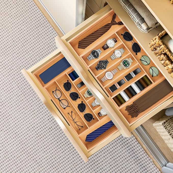 Large Premium Bamboo Silverware Organizer - Expandable Drawer Organizer & Utensil Organizer - 17"x19.7" Cutlery Tray with Dividers for Kitchen Utensils and Flatware (7-9 Slots) (Natural)