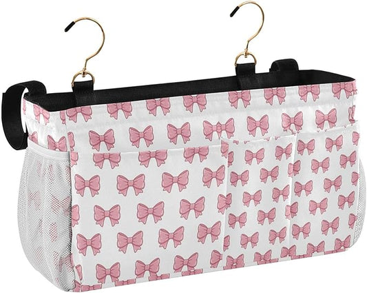 Jihqo Bedside Caddy Hanging Storage Bag Pink Bows Bedside Organizer Caddy for Bunk, Dorm Room, Hospital Beds - Place Magazines / Remotes / Keys