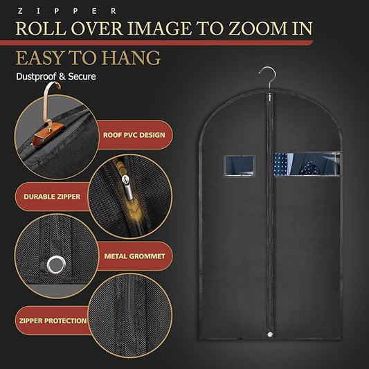 10 Pack 40-inch Garment Bags for Travel, Garment Bags for Hanging Clothes with Zipper and Visible Transparent Window,Black