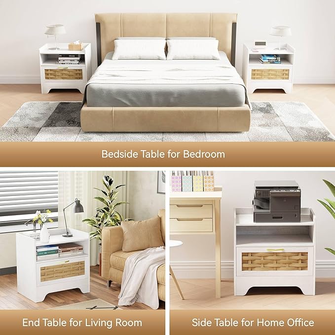 HOCAT 24" Rattan Nightstand with Storage Drawer, White Bedside Table with Semi Open Cubby, Boho Night Stand with Farmhouse Arched Base for Bedroom, Side Table, End Table for Dorm