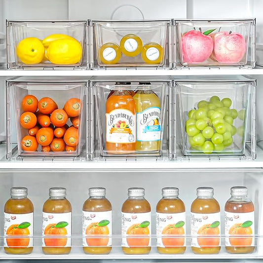 6Pack Pantry Organizers and Storage,Clear Stackable Kitchen Storage Organizer,Foods Organizer Bins with Handles, Easily Assemble for Bathroom, Kitchen, Refrigerator, Pantry, Cabinet, Closet