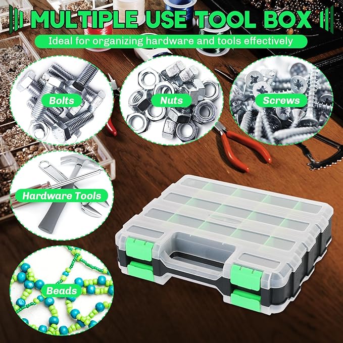 Small Parts Organizer 2 Pack | Storage Case Tools Box 34-Compartments Double Side Organizer Box with Removable Dividers for Small Hardware, Screws, Bolts, Nuts, Nails, Beads (Green)