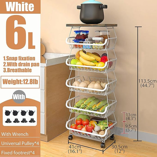 MURRI&MURRDI Fruit Vegetable Storage Basket with Wooden Lid, 6 Tier Stackable Kitchen Cart with Wheels, Tall Produce Snack Racks Display, Narrow Rolling Cart for Pantry Onion Potato, White