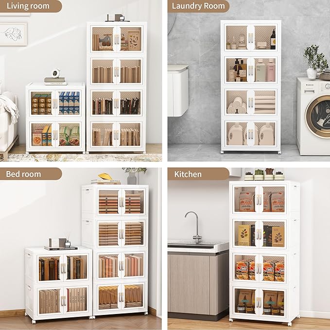 Vavkorkula Large Stackable Storage Bins with Lids, 440QT-110QT*4Tier Foldable Cabinet for Closet Organizers, Plastic Storage Containers Box with Wheels