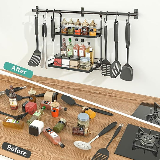 NADAMOO Kitchen Utensil Hanger and Spice Rack with Towel Rack Holder,Wall Mount Space Saving Metal Storage Organizer for Pantry, Countertop, Bathroom