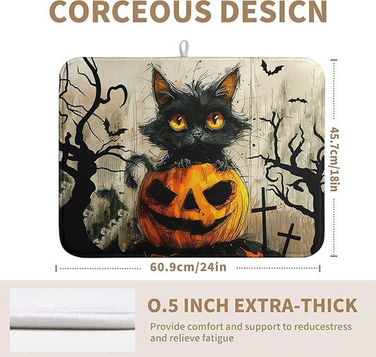 Wnoesat Black Cat Fall Pumpkin Dish Drying Mat 18x24 - Super Absorbent Drying Pads for Kitchen Counter - Happy Halloween Bat Branch Large Microfiber Dishes Drying Mats