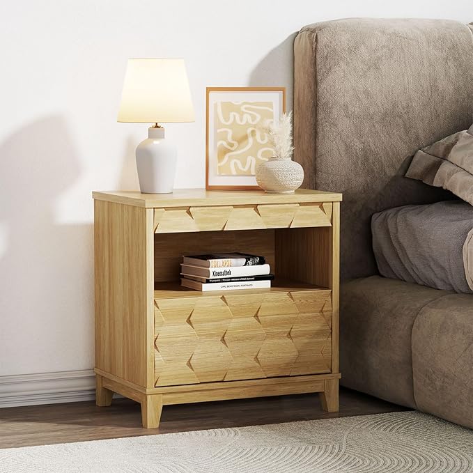 BROTTAR 24" Wide Night Stand with Gun Drawer, Modern Fluted Bedside Table with Unique 3-Dimensional Craft, Wood Sofa Couch End Side Table for Bedroom Office, Natural