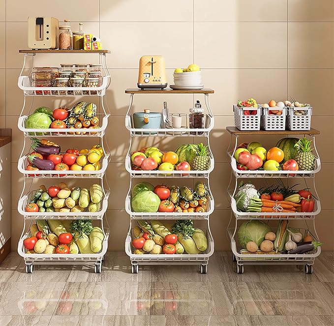 MURRI&MURRDI Fruit Vegetable Storage Basket with Wooden Lid, 6 Tier Stackable Kitchen Cart with Wheels, Tall Produce Snack Racks Display, Narrow Rolling Cart for Pantry Onion Potato, White