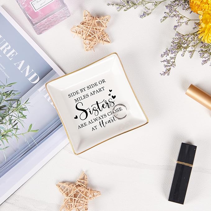 Spegiffu Sister Gifts Trinket Jewelry Dish- Side by side or miles apart, sisters are always close at heart, Sisters Birthday Gifts Mother's Day Valentines Christmas Gift for Sister from Sister