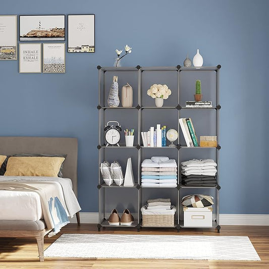 AWTATOS Cube Storage Organizer Closet Storage Cubes Shelves Bookshelf Clothes Organizer DIY Plastic 12 Cube Shelves for Home, Bedroom, Grey ULPZ022