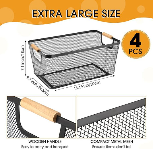 4 Pcs Metal Wire Basket with Wooden Handles Mesh Steel Storage Organizer Bin Containers for Home Cabinet Pantry Closet Kitchen Fridge Fruit Makeup Snacks Gifts (Extra Large,Black)