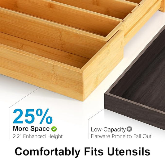 Bamboo Expandable Silverware Organizer - Adjustable Cutlery Tray with 3 Removable Dividers & 5 Tracks, Drawer Organizer for Utensils, Stationery, Tools (12.6" to 20.5")