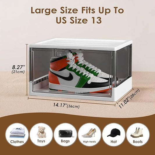 Thicken & Sturdy Clear Shoe Boxes with Magnetic Door, 3 Pack Stackable Multi-functional Shoe Storage, Shoe Organizer for Closet, Space Saving, 360 ° Dustproof & Moisture-proof, Fits Up to US Size 13
